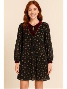Little Lies Burgundy velvet collar dress Black floral print Mini Size 16